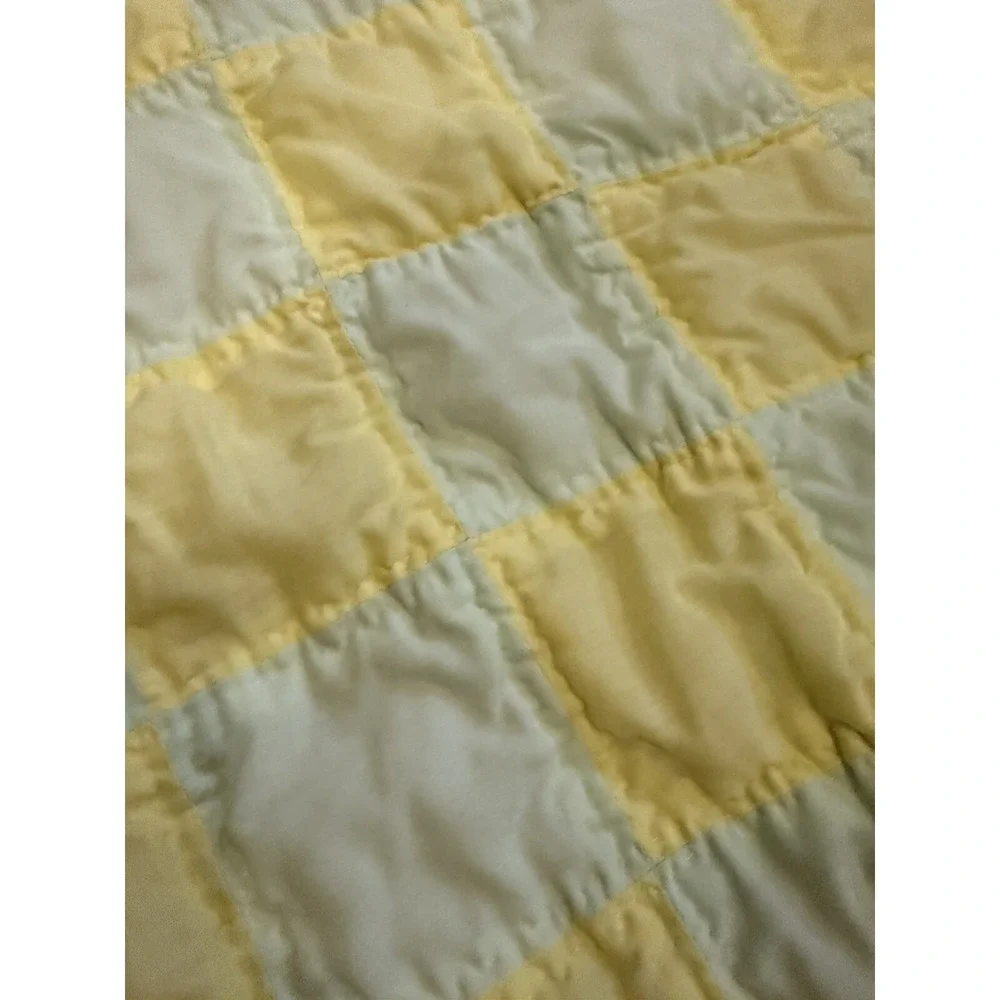Vintage Puffy Square Blanket Quilt Baby Throw Crib Green Yellow 44x32 Cottage